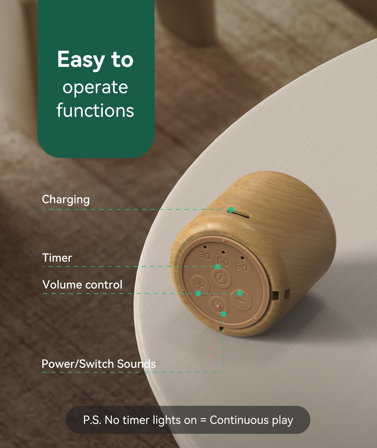 Restnature portable sound machine wood tone blends with decor.