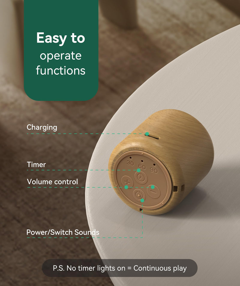 Restnature portable sound machine wood tone blends with decor.