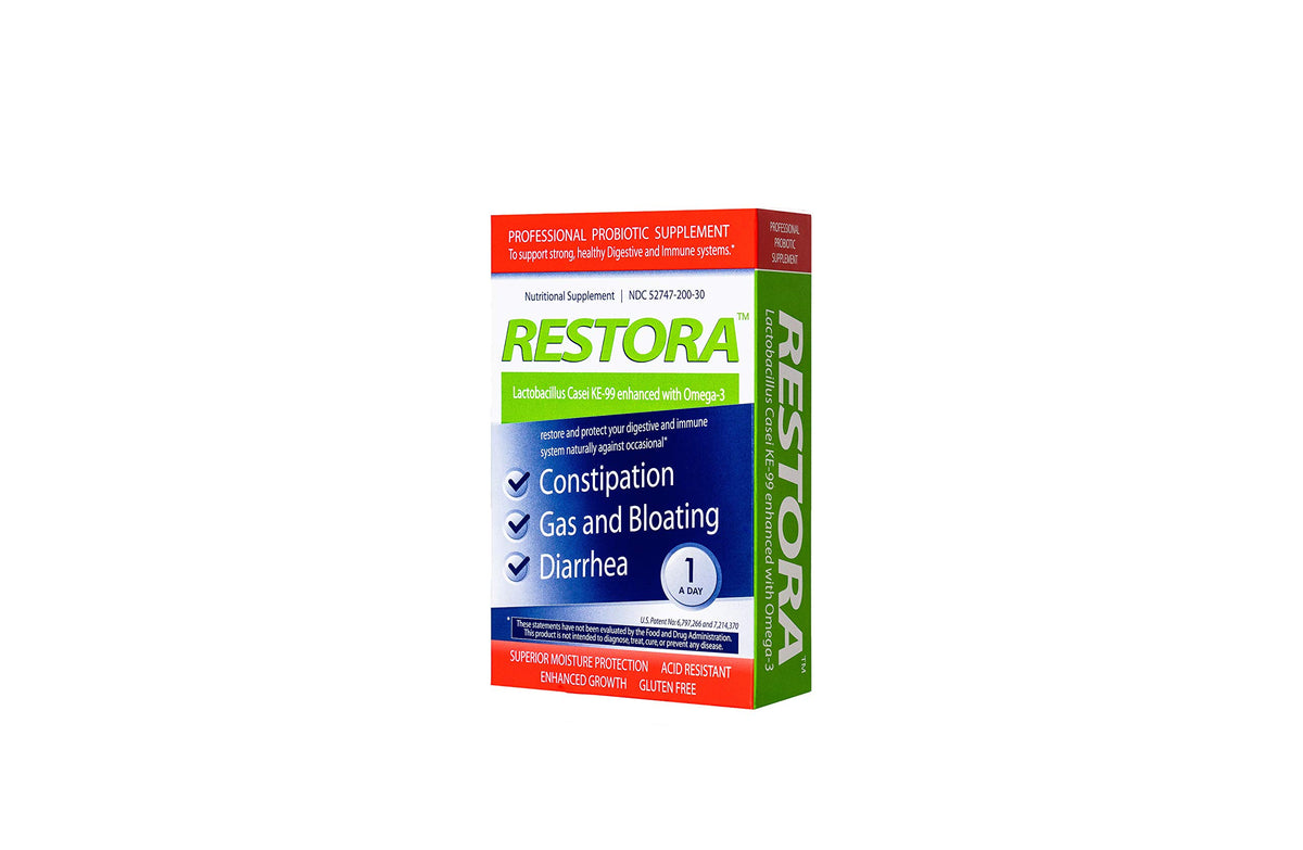Restora Probiotic immunity bottle with Omega-3 supports gut balance.