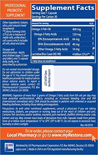 Restora Probiotic Omega-3 capsule closeup highlights daily support.