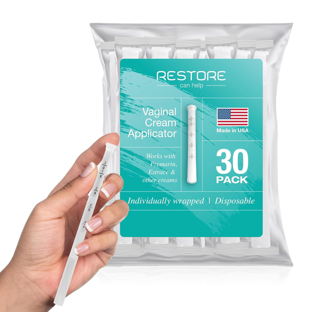 Restore Can Help BPA-free disposable vaginal applicator pack ensures clean, sealed use.