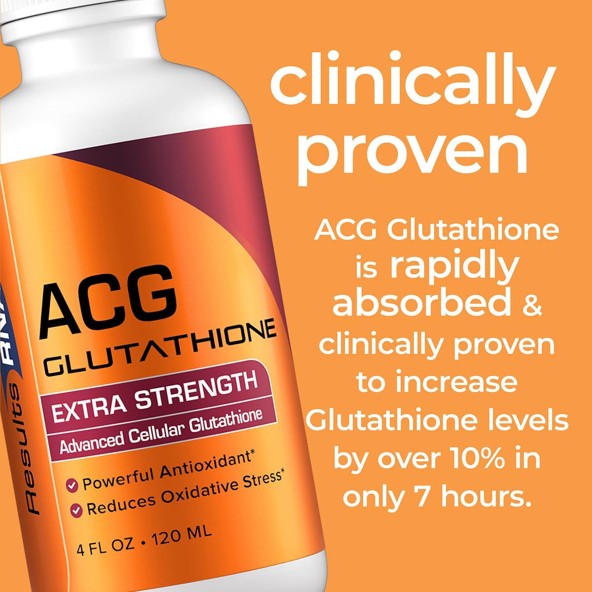 Results RNA ACG Glutathione bottle label highlighting dosage and doctor-approved formulation.