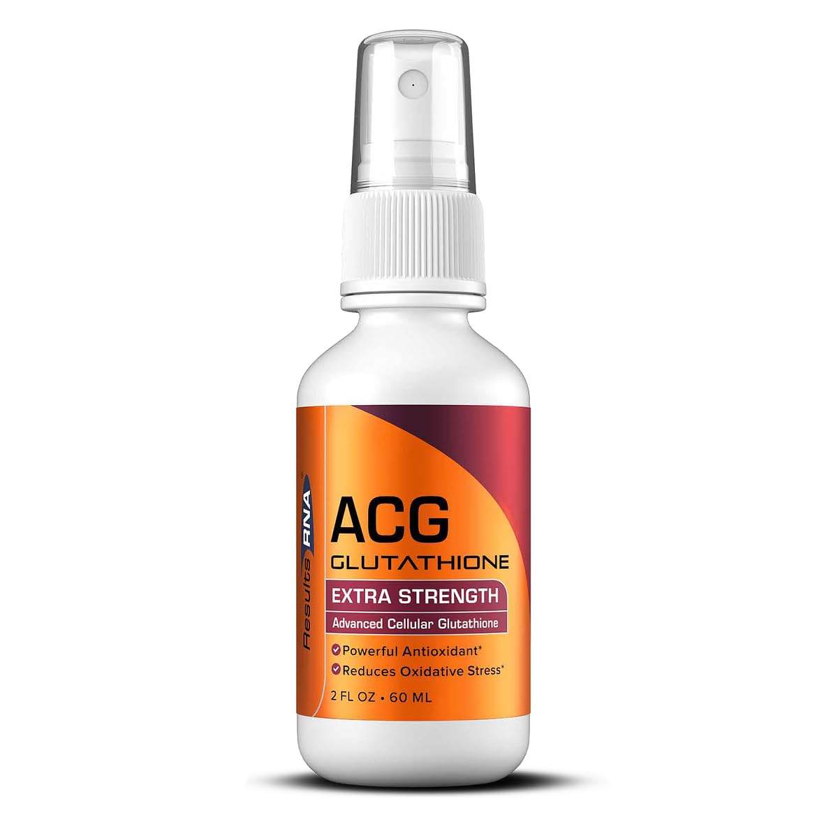 Results RNA ACG Glutathione extra strength spray bottle shown for daily antioxidant support.
