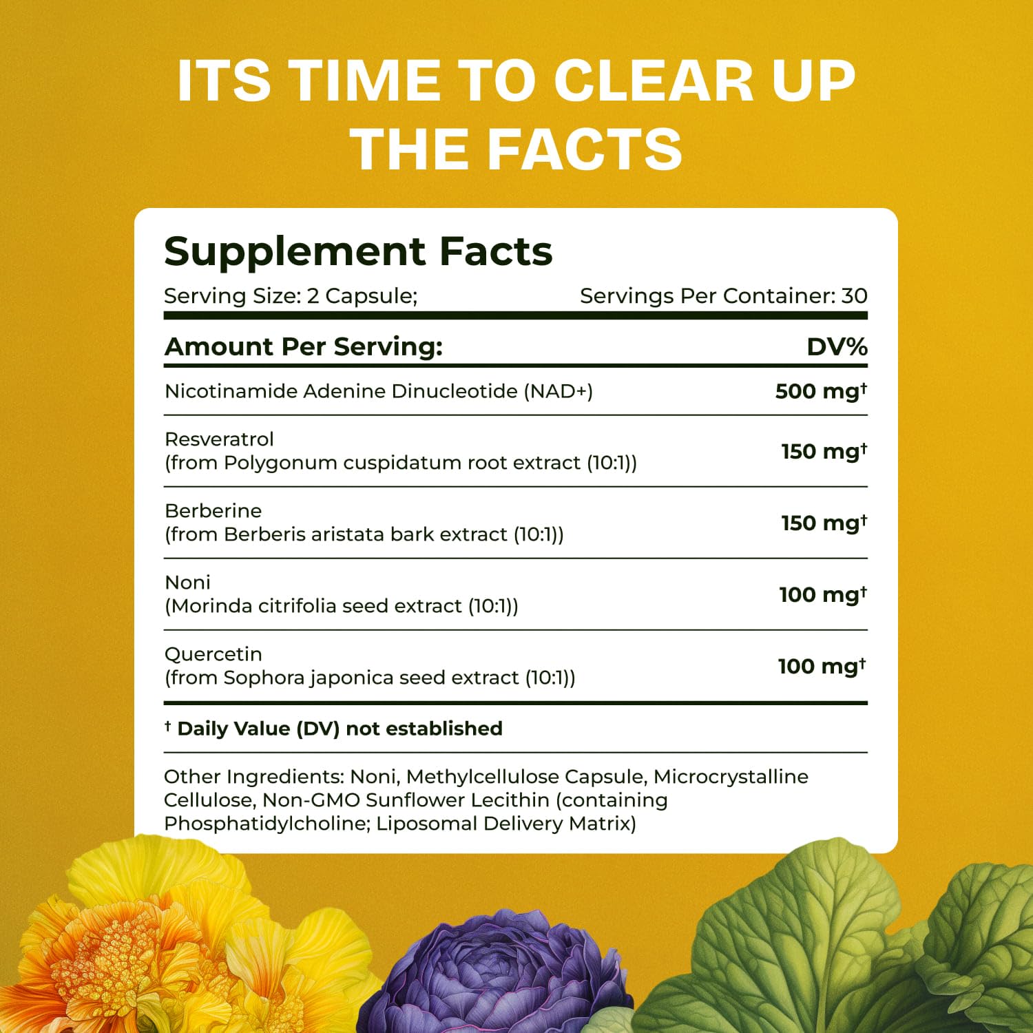 Resurrected Health bottle with ingredients scene highlighting the 5-in-1 formula.