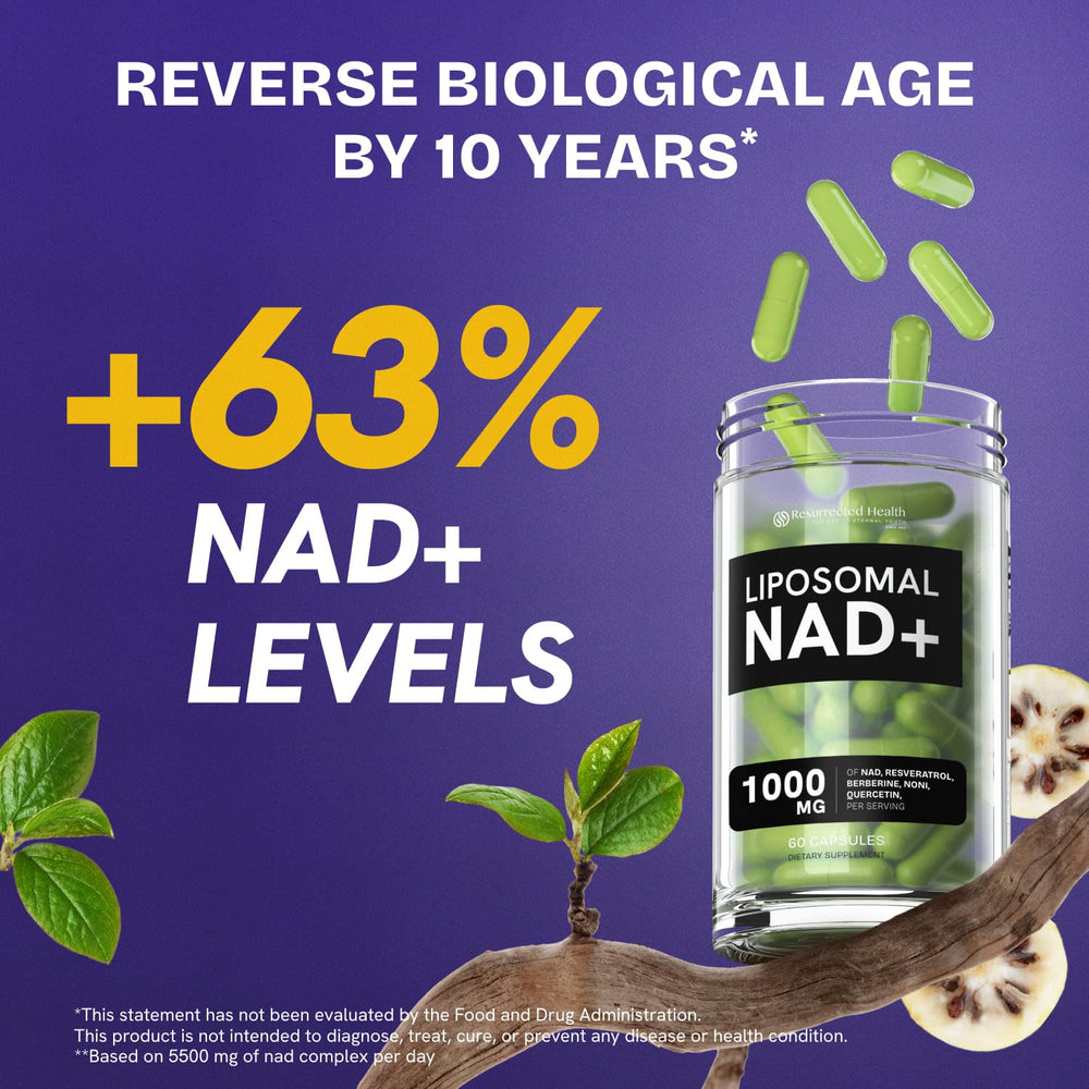 Resurrected Health NAD+ with Resveratrol label indicating anti-aging potential.