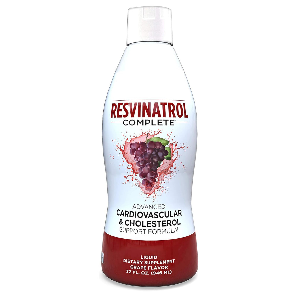 Resvinatrol Complete bottle label highlighting the 32 oz liquid formula for heart health support