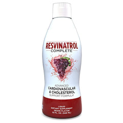 Resvinatrol Complete bottle label highlighting the 32 oz liquid formula for heart health support