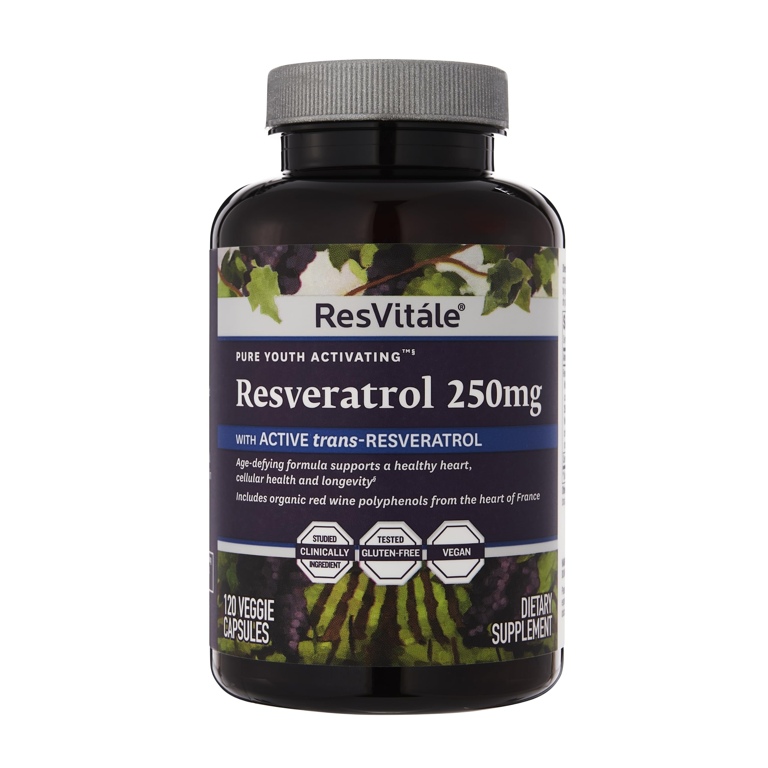 ResVitale Resveratrol 250 mg bottle with capsules for antioxidant support.