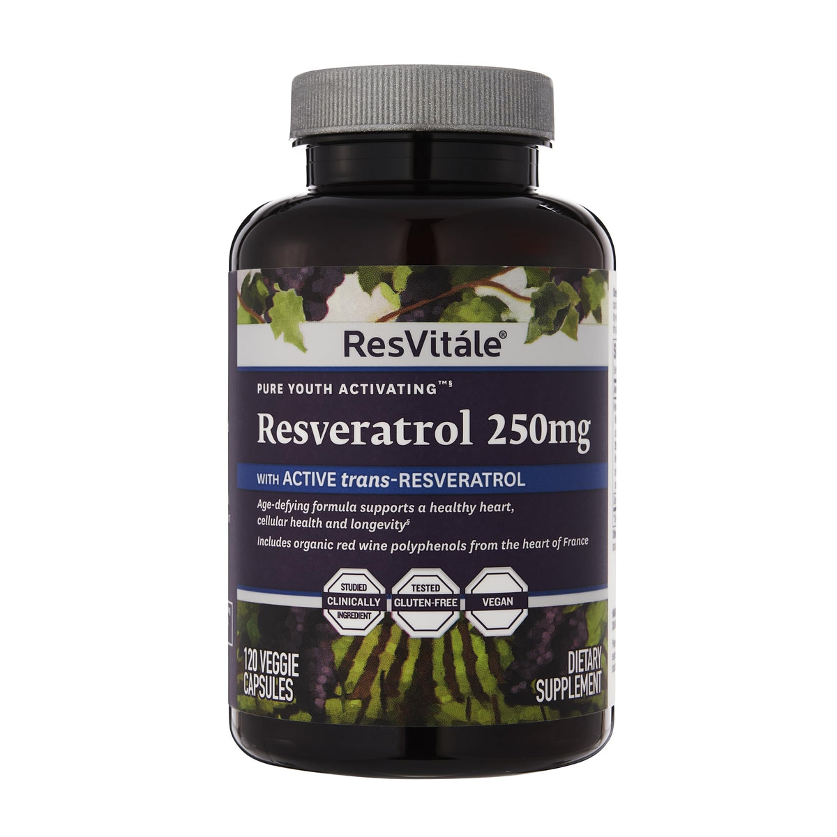 ResVitale Resveratrol 250 mg bottle with capsules for antioxidant support.
