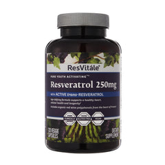 ResVitale Resveratrol 250 mg bottle with capsules for antioxidant support.