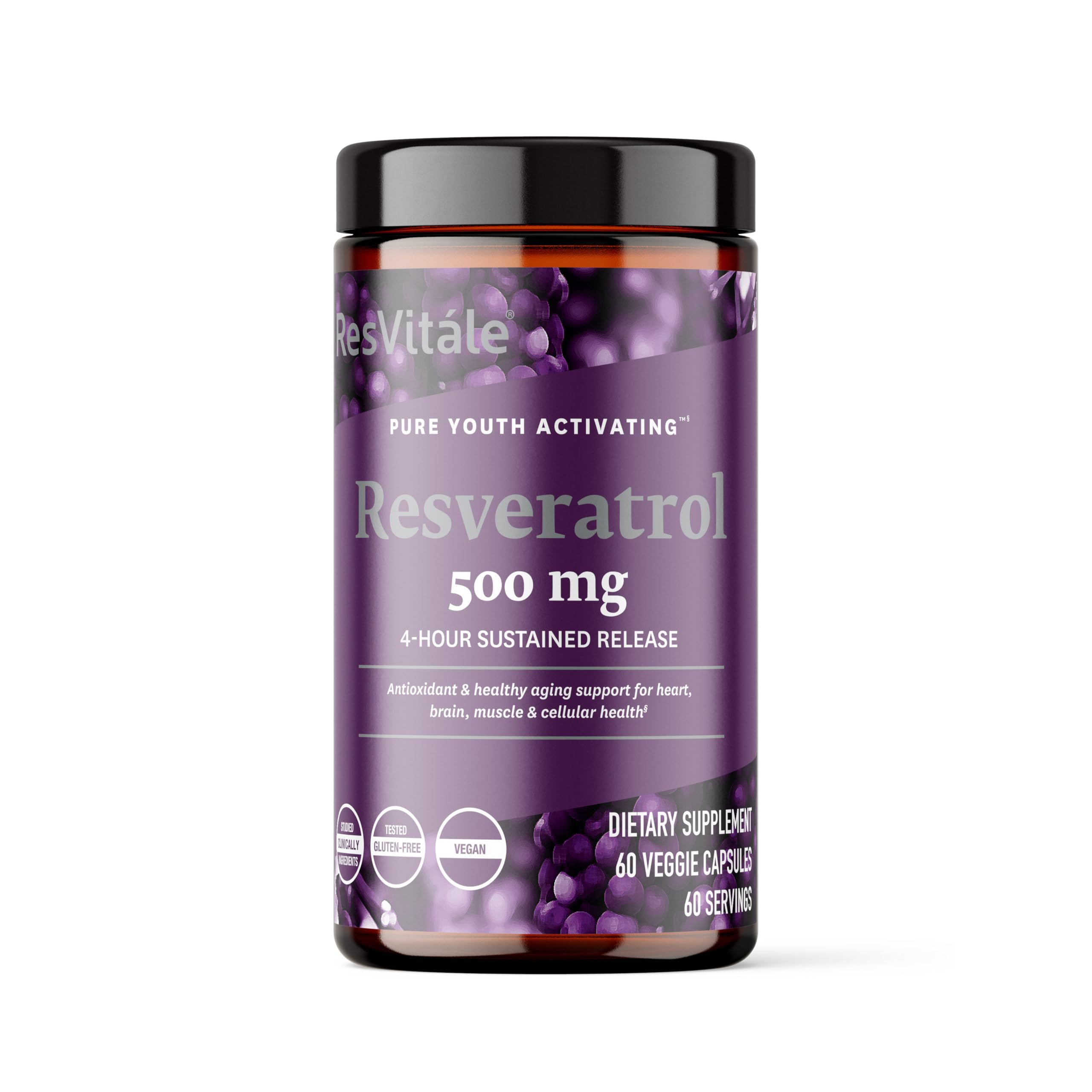 ResVitale Resveratrol 500 mg bottle front highlighting daily antioxidant support