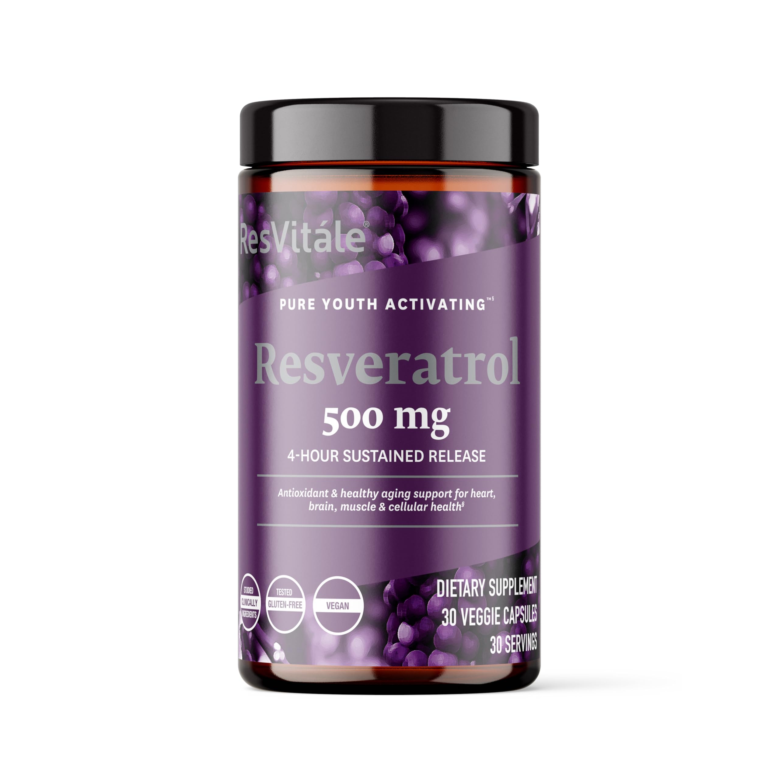 ResVitale Resveratrol bottle label shows 500 mg per capsule for daily vitality.