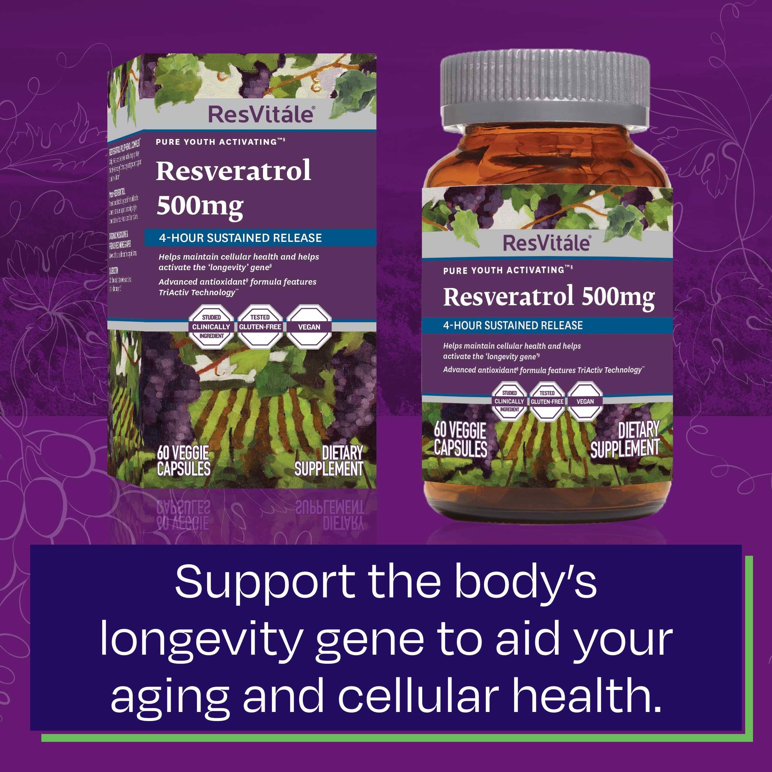 ResVitale Resveratrol 500 mg capsule emphasizing immune support with quercetin