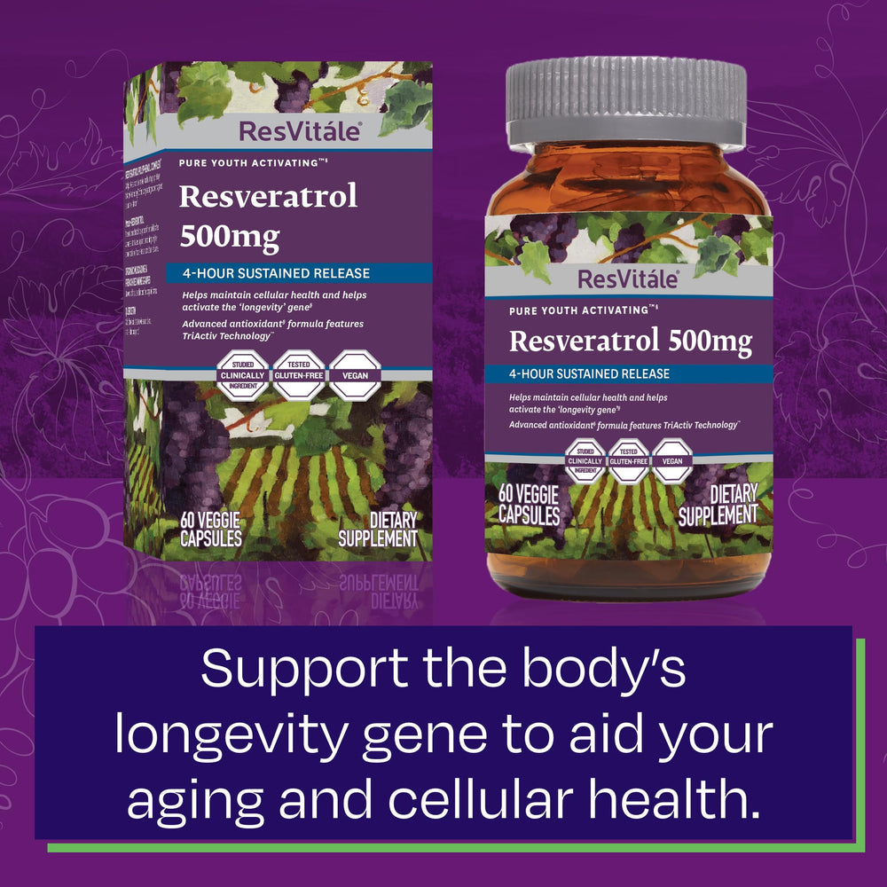 ResVitale Resveratrol 500 mg capsule emphasizing immune support with quercetin