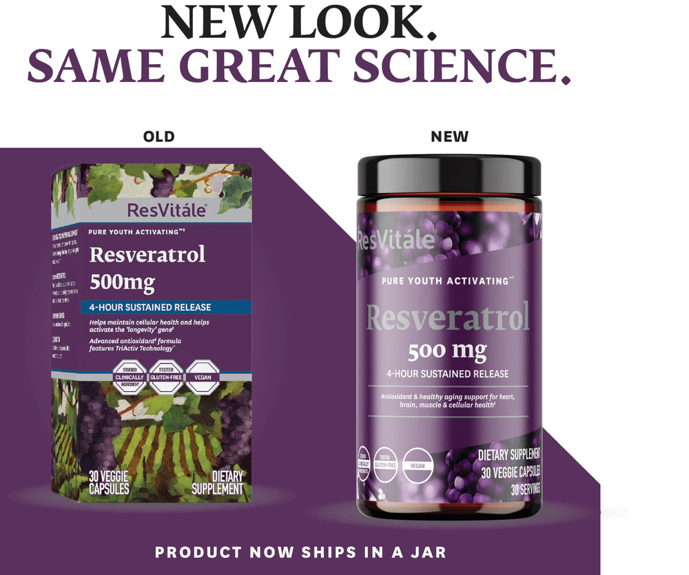 ResVitale Resveratrol bottle with 30 capsules for convenient daily supplementation.