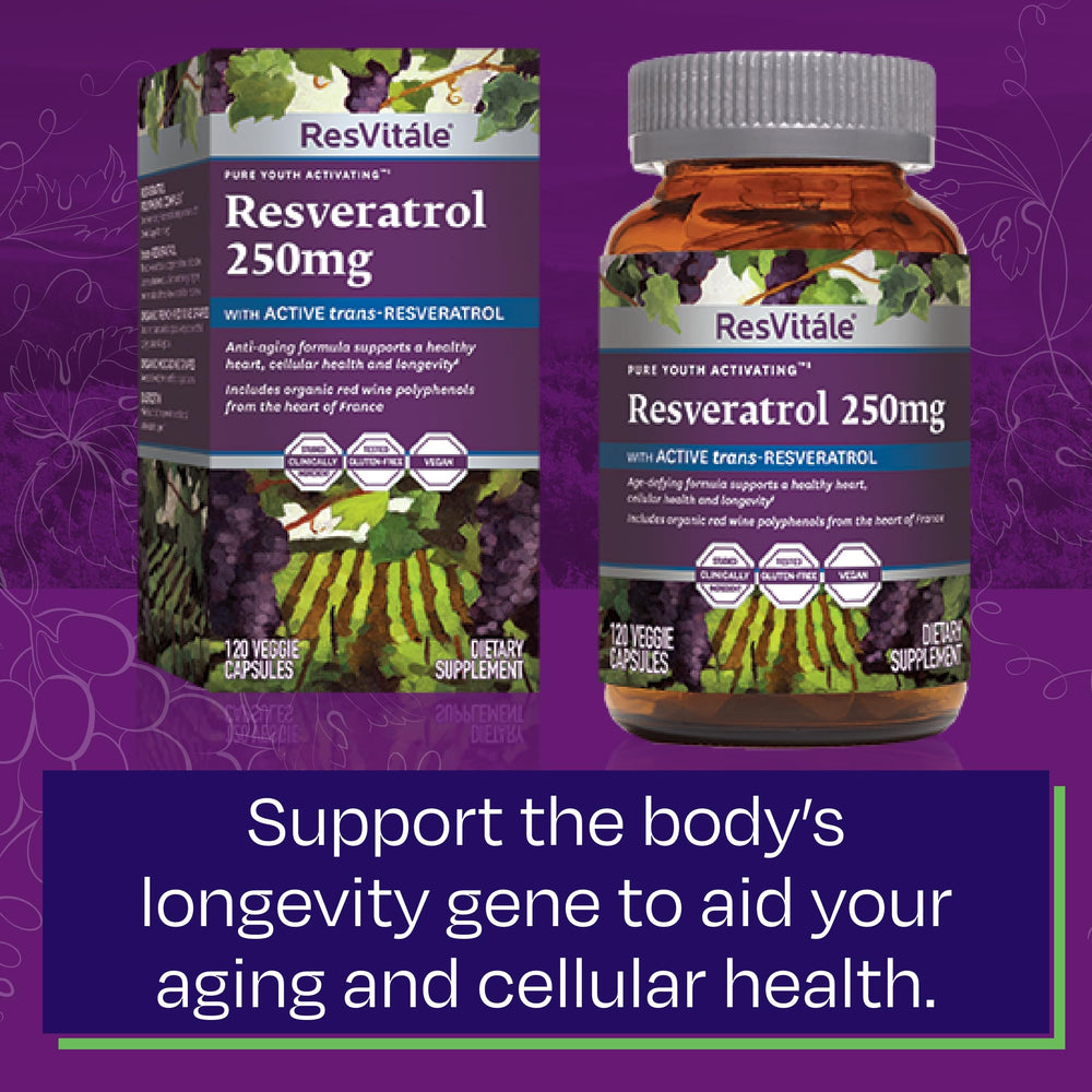 ResVitale packaging imagery illustrating daily use of Resveratrol supplement.