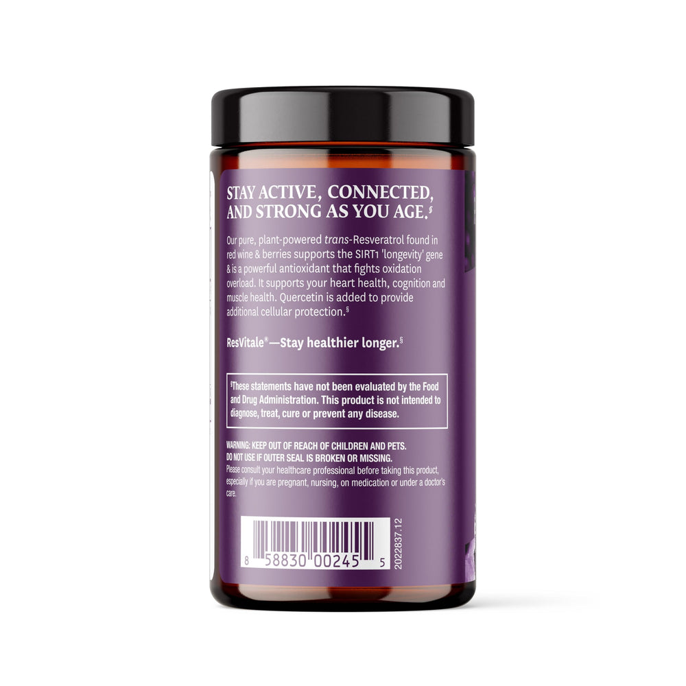 Ingredients panel shows quercetin and trans-resveratrol in the ResVitale formula.