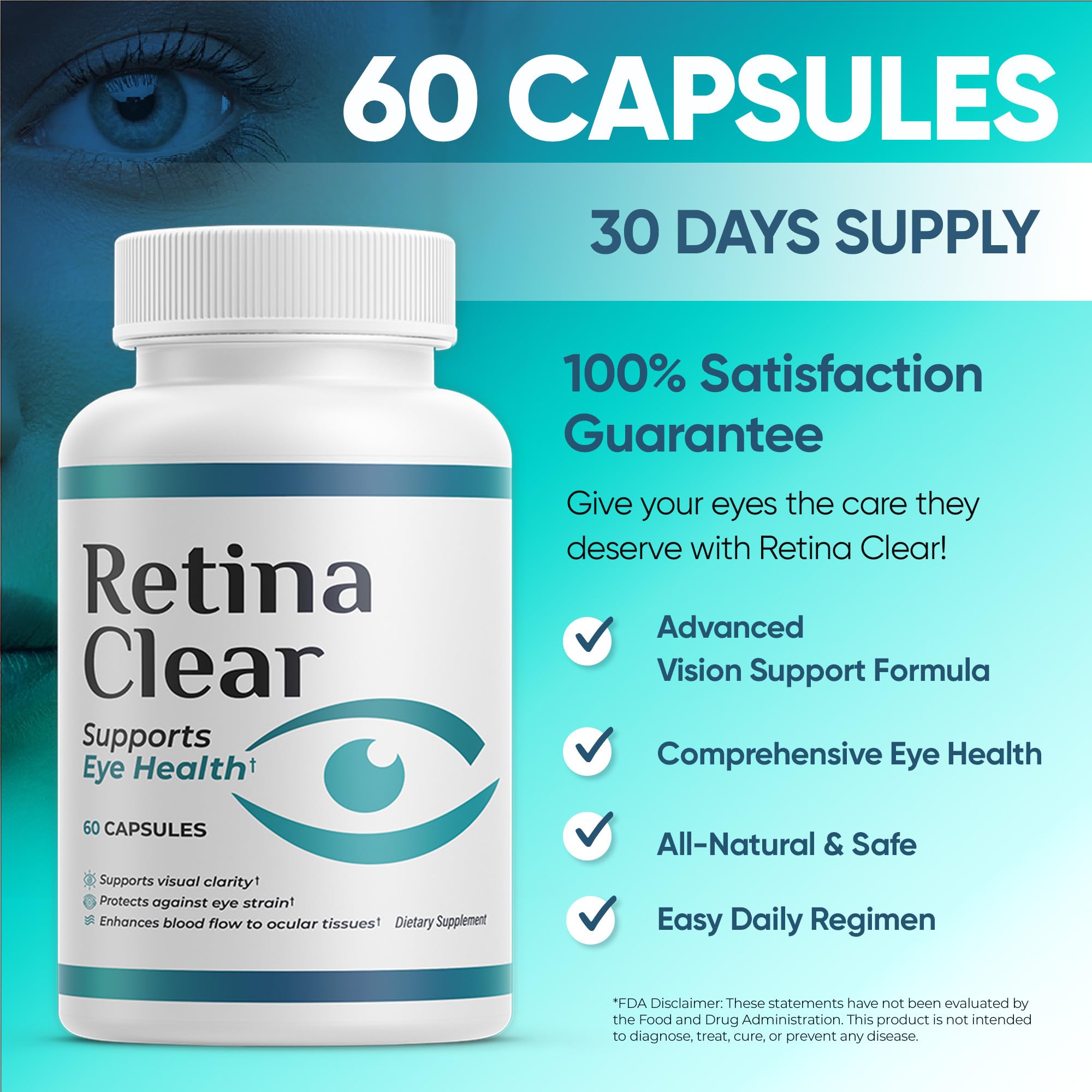 Retina Clear capsules close-up highlighting a smooth, daily supplement.