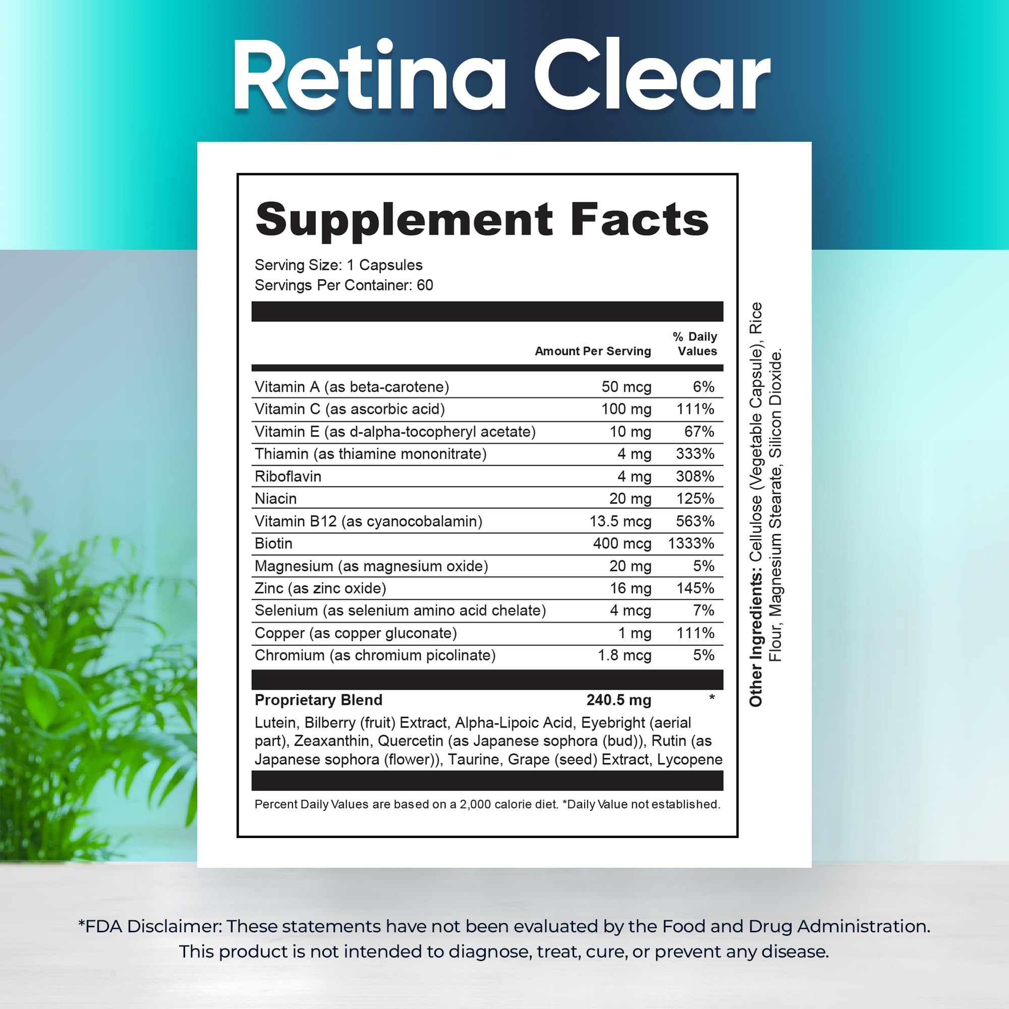 Retina Clear quercetin capsule detail highlights antioxidant eye support.