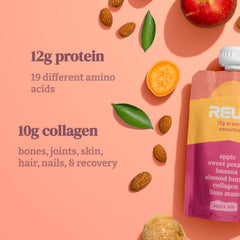 Reup pouch close-up with apple banana almond butter highlights real-food nutrition