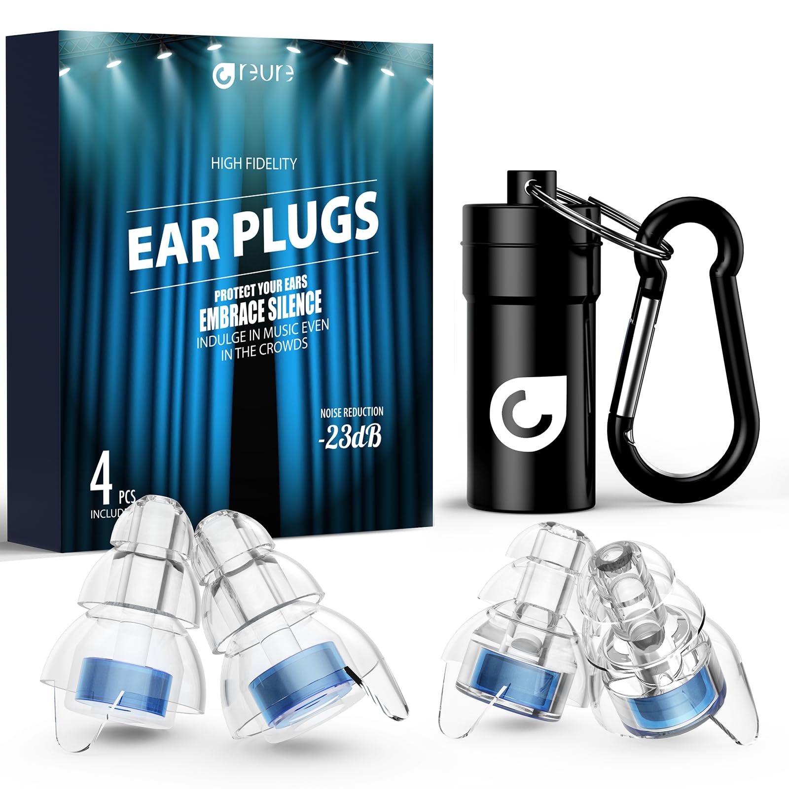 Reure high fidelity ear plugs with concert case preserve speech clarity.