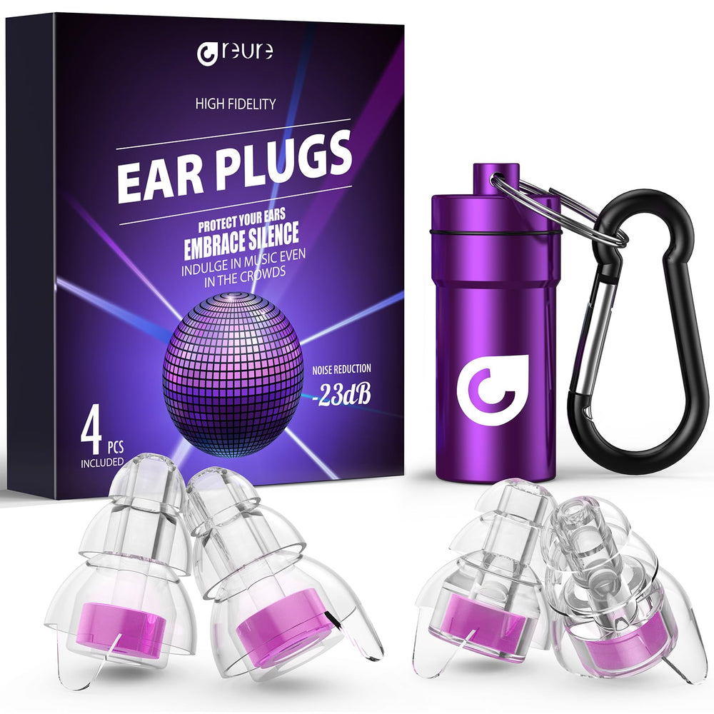 Reure high-fidelity ear plugs shown with two sizes for comfortable listening at concerts