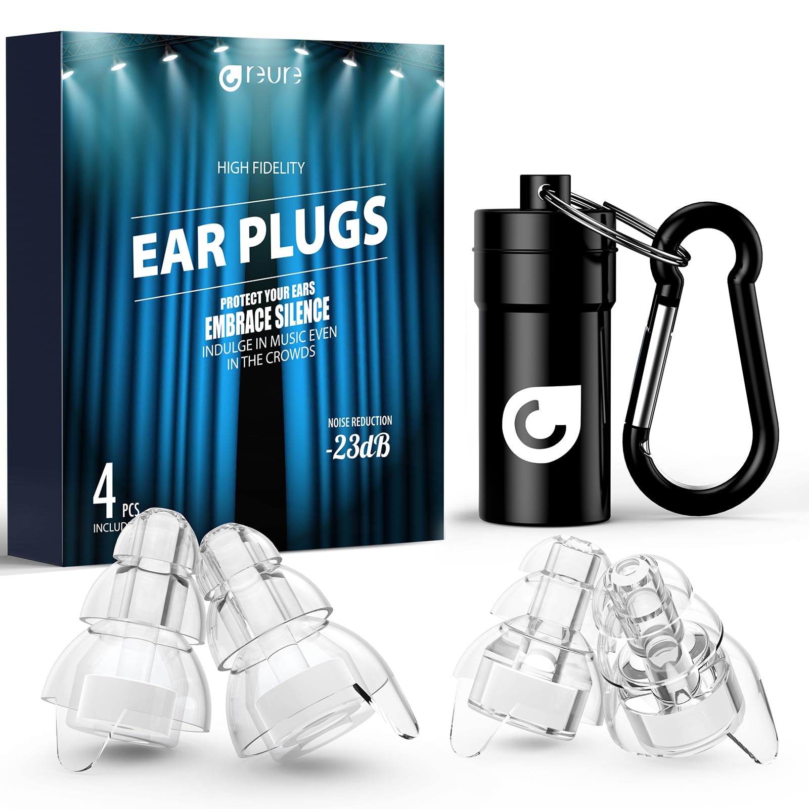 Reure high fidelity ear plugs two pairs ready for concerts and travel