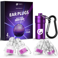 Reure high-fidelity ear plugs shown with two sizes for comfortable listening at concerts