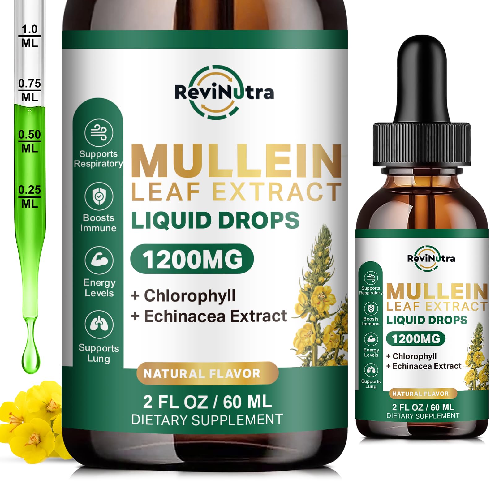ReviNutra Mullein Drops bottle for daily respiratory support.