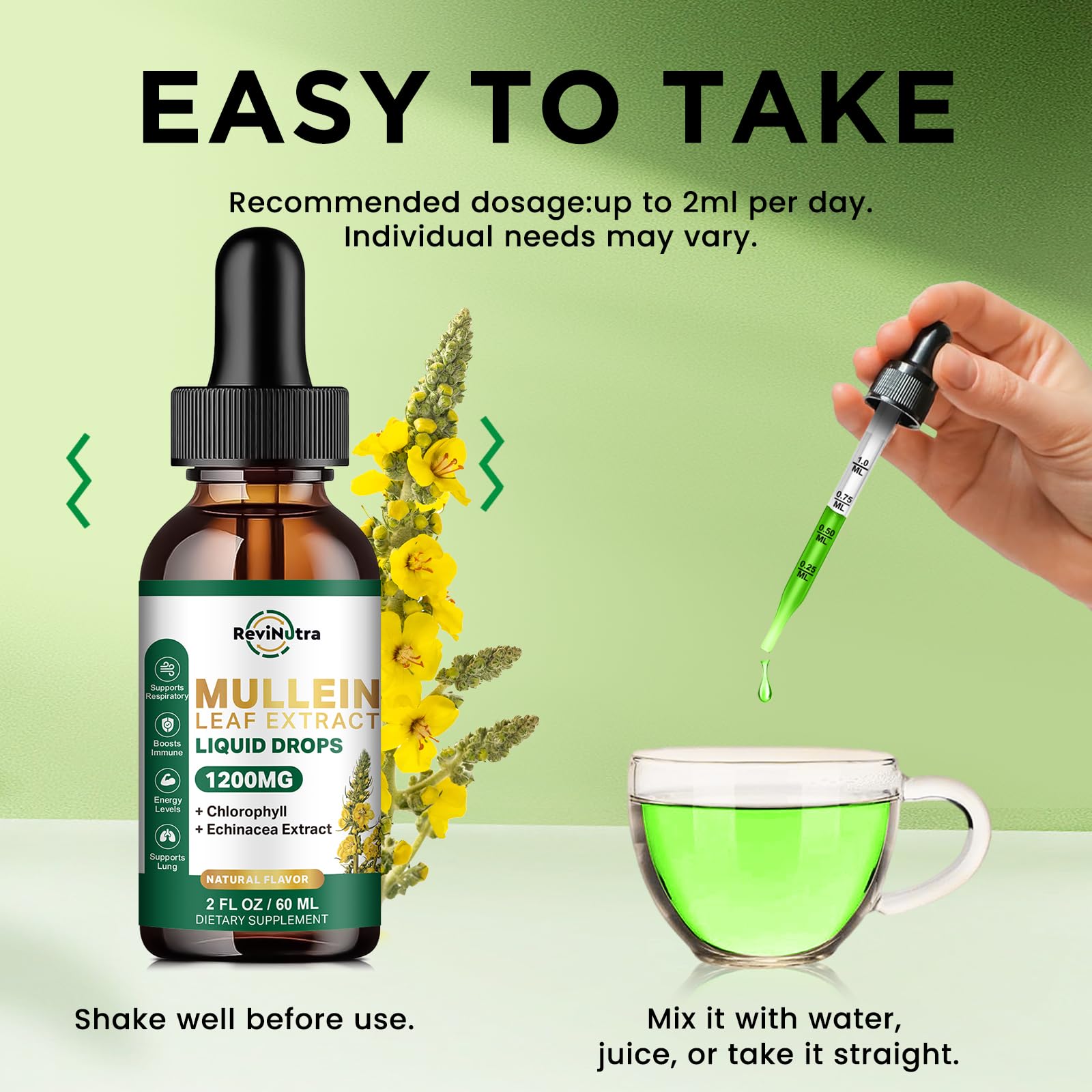 Two ml serving shown with water for simple daily intake.