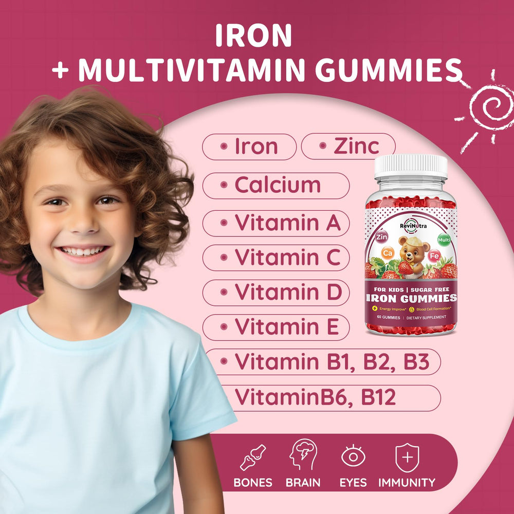 Colorful packaging of ReviNutra iron gummies designed for kids