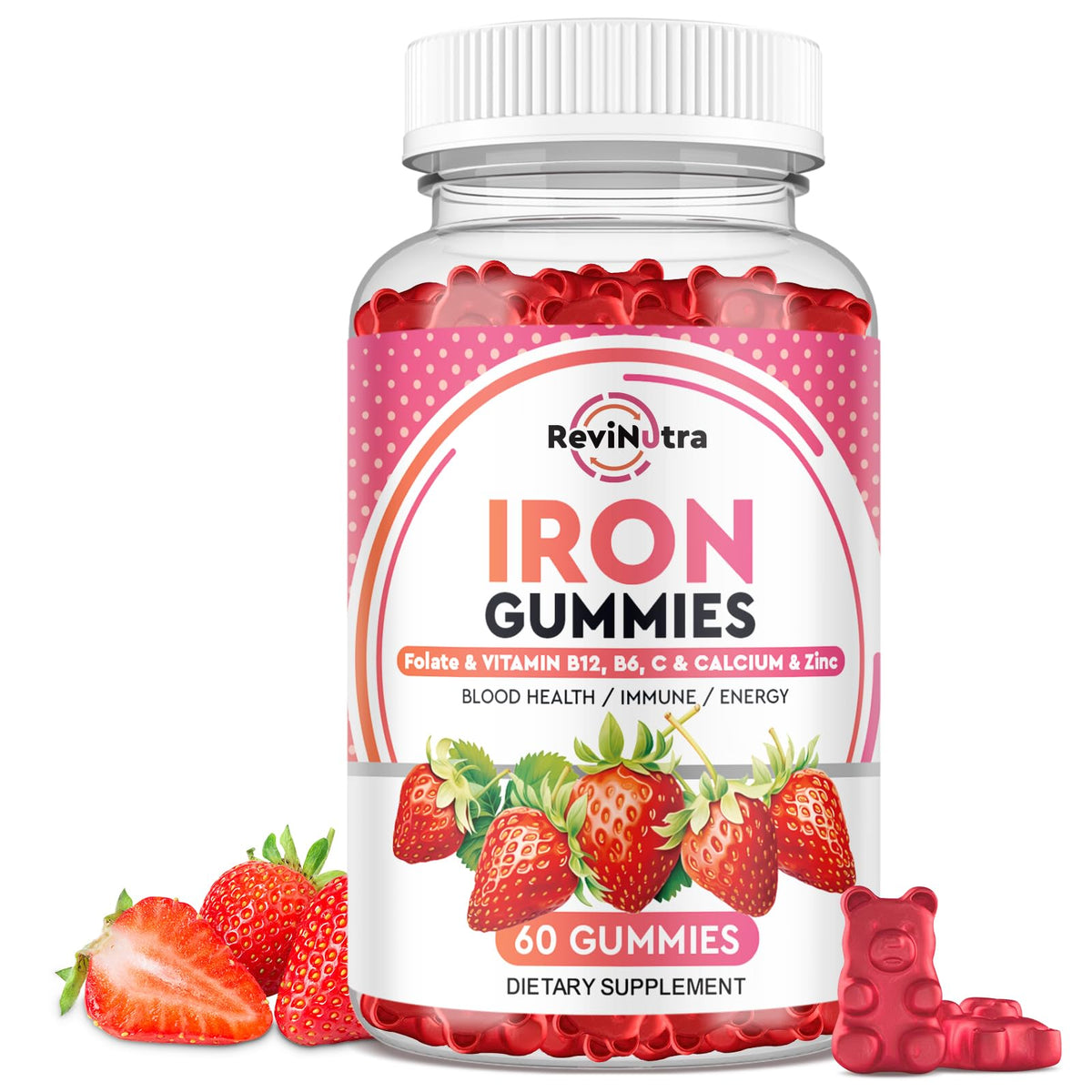 ReviNutra Iron Gummies strawberry flavor bottle for daily iron support and energy