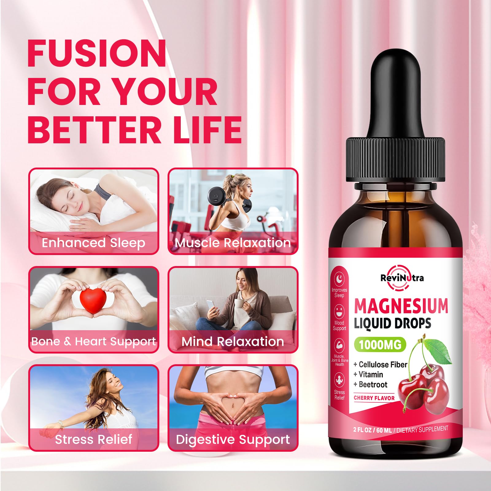 ReviNutra magnesium glycinate drops with beetroot and vitamins for vitality.