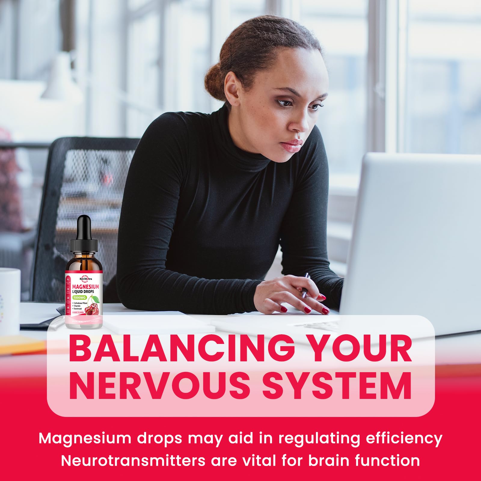 ReviNutra magnesium drops cherry flavor close-up highlighting sugar-free appeal.