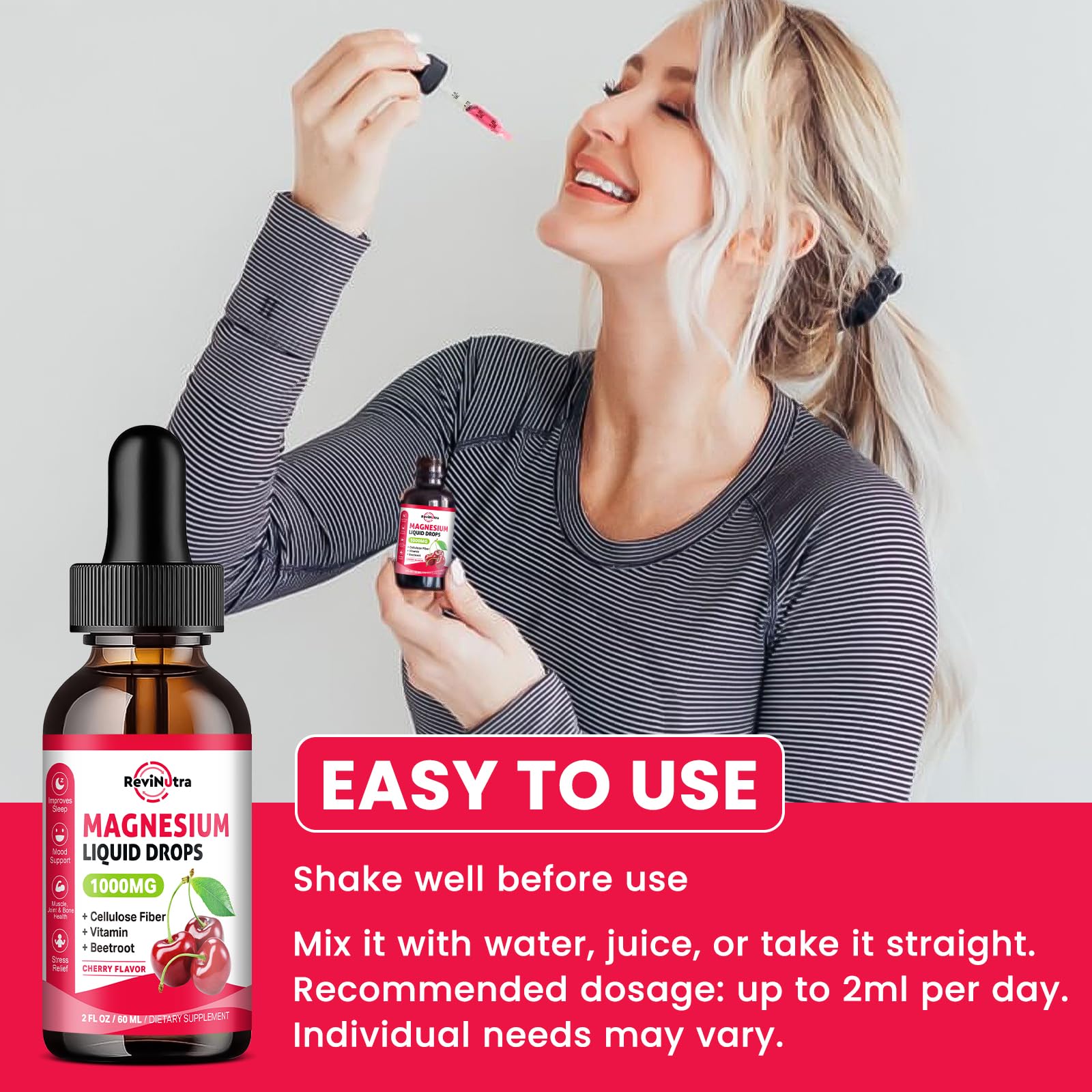 ReviNutra magnesium drops with vitamins B and C for daily energy.