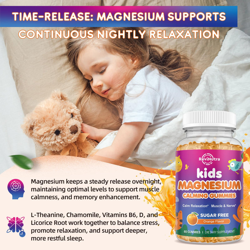 ReviNutra Calm Magnesium Gummies calcium and minerals support bone health visuals.