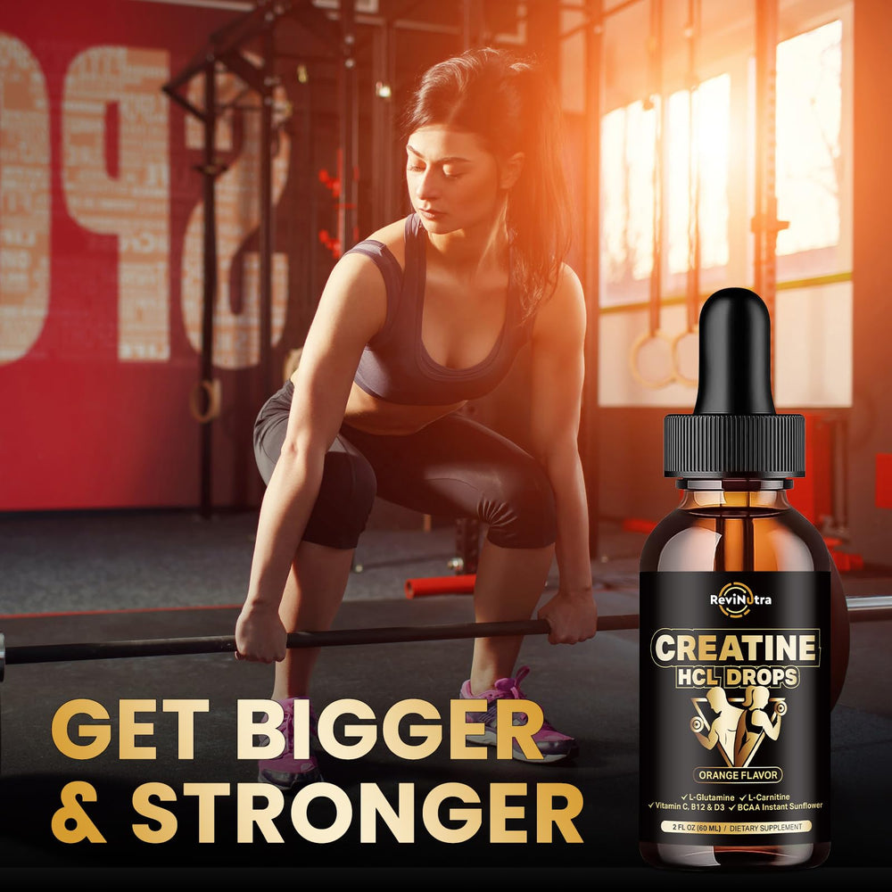 ReviNutra Creatine HCL drops being mixed with water for easy consumption