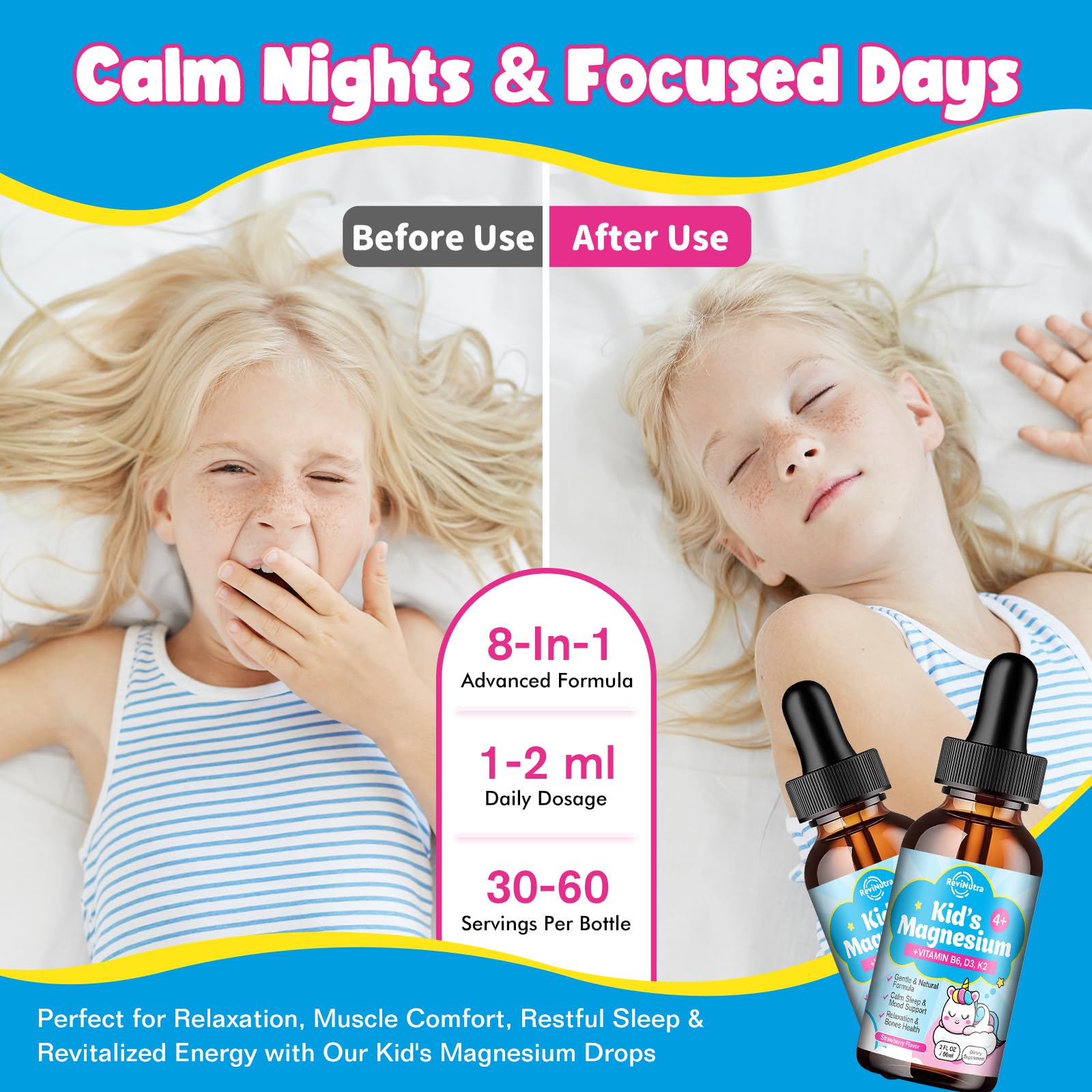 ReviNutra Kids magnesium drops chamomile blend close-up, suggesting soothing evenings.