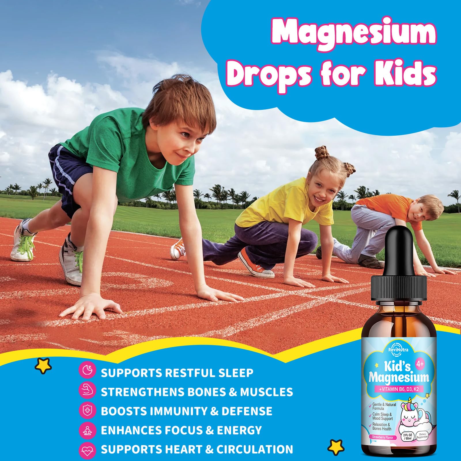 ReviNutra Kids magnesium drops strawberry flavor bottle in hand during bedtime routine.