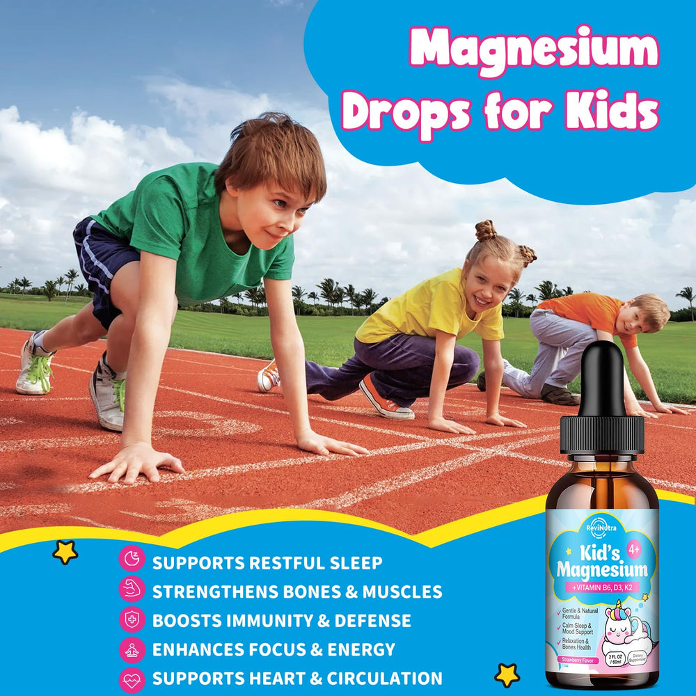 ReviNutra Kids magnesium drops strawberry flavor bottle in hand during bedtime routine.