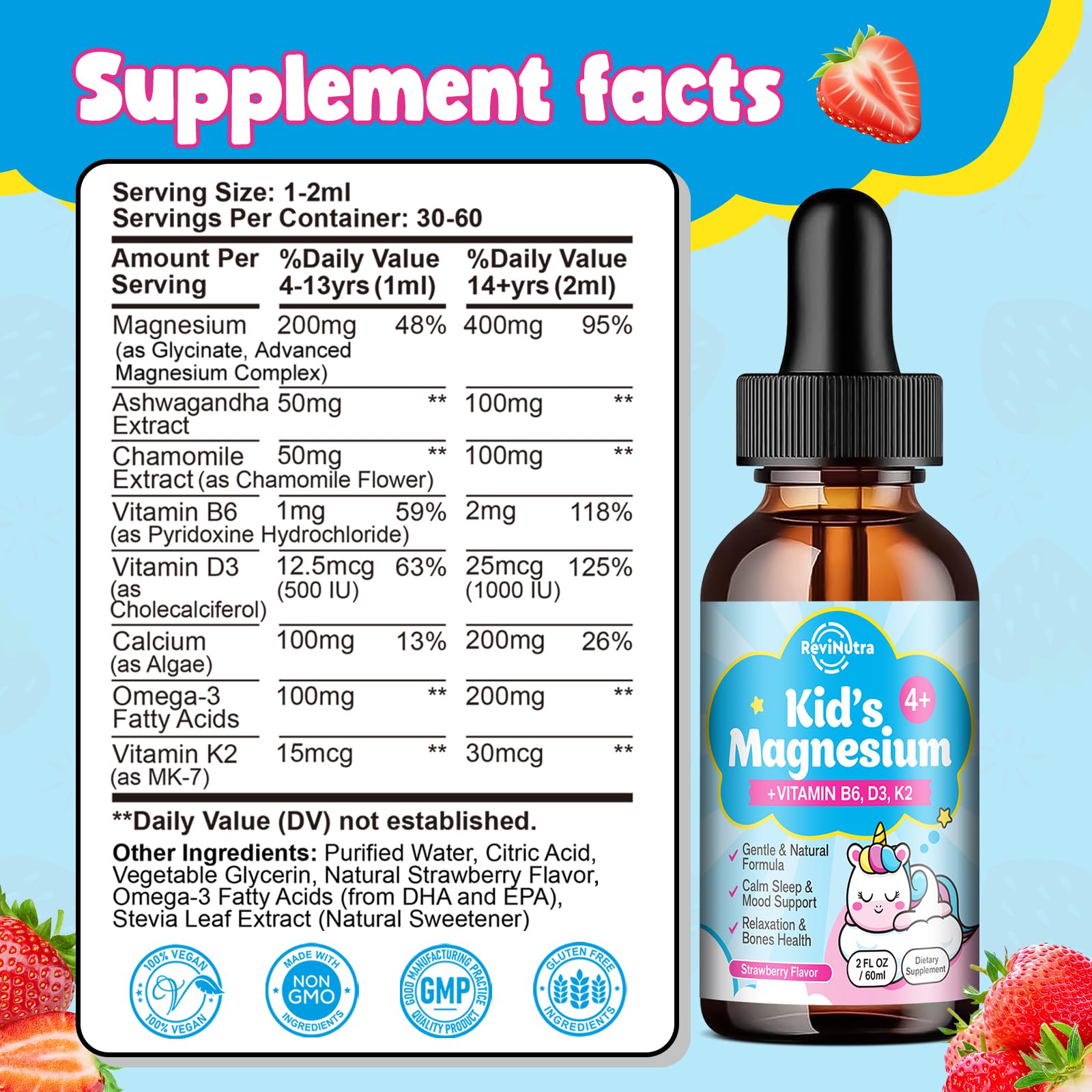 ReviNutra Kids magnesium drops strawberry label close-up highlighting kid-friendly flavor.