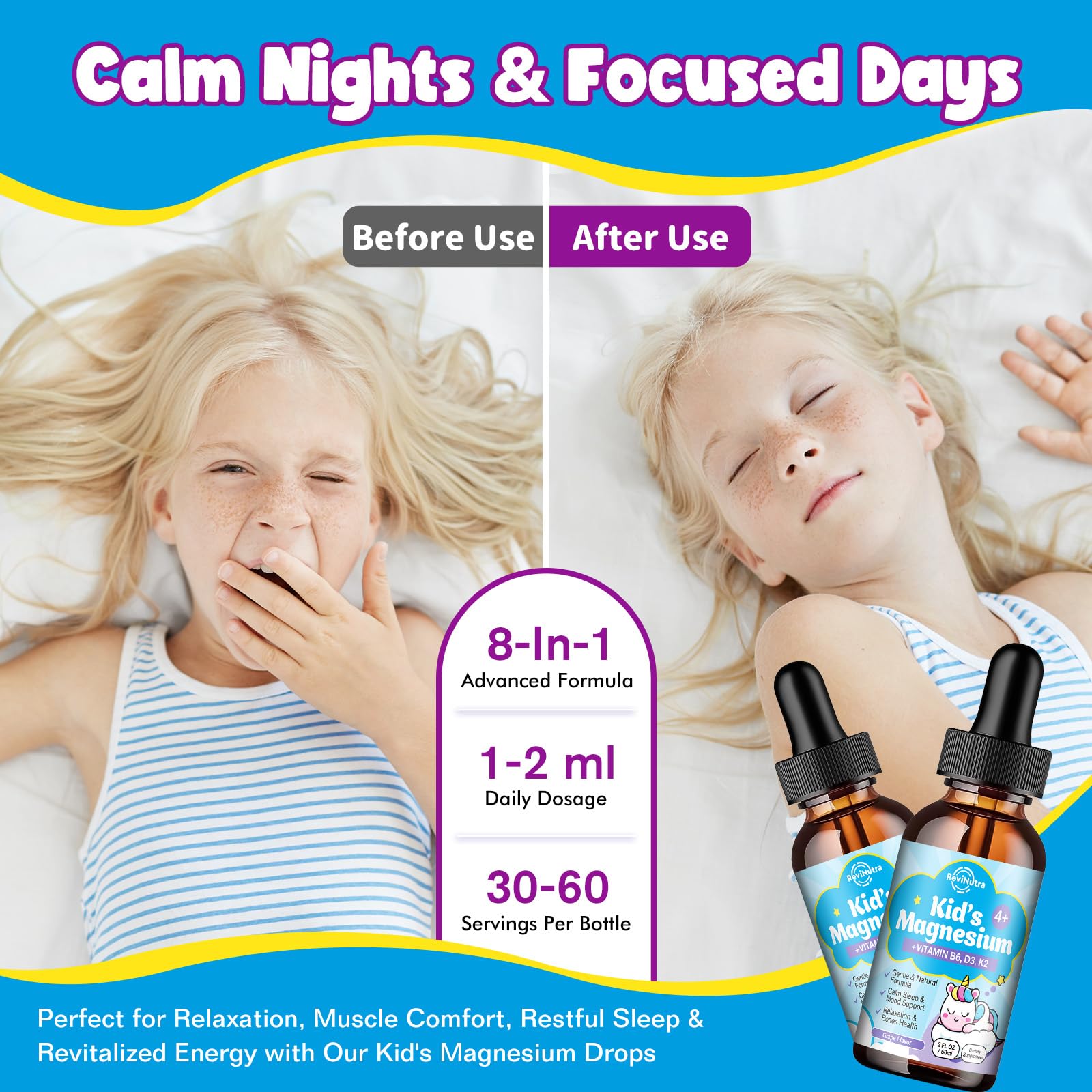ReviNutra Kids Magnesium Liquid bottle highlighting calcium and vitamin D for bones.