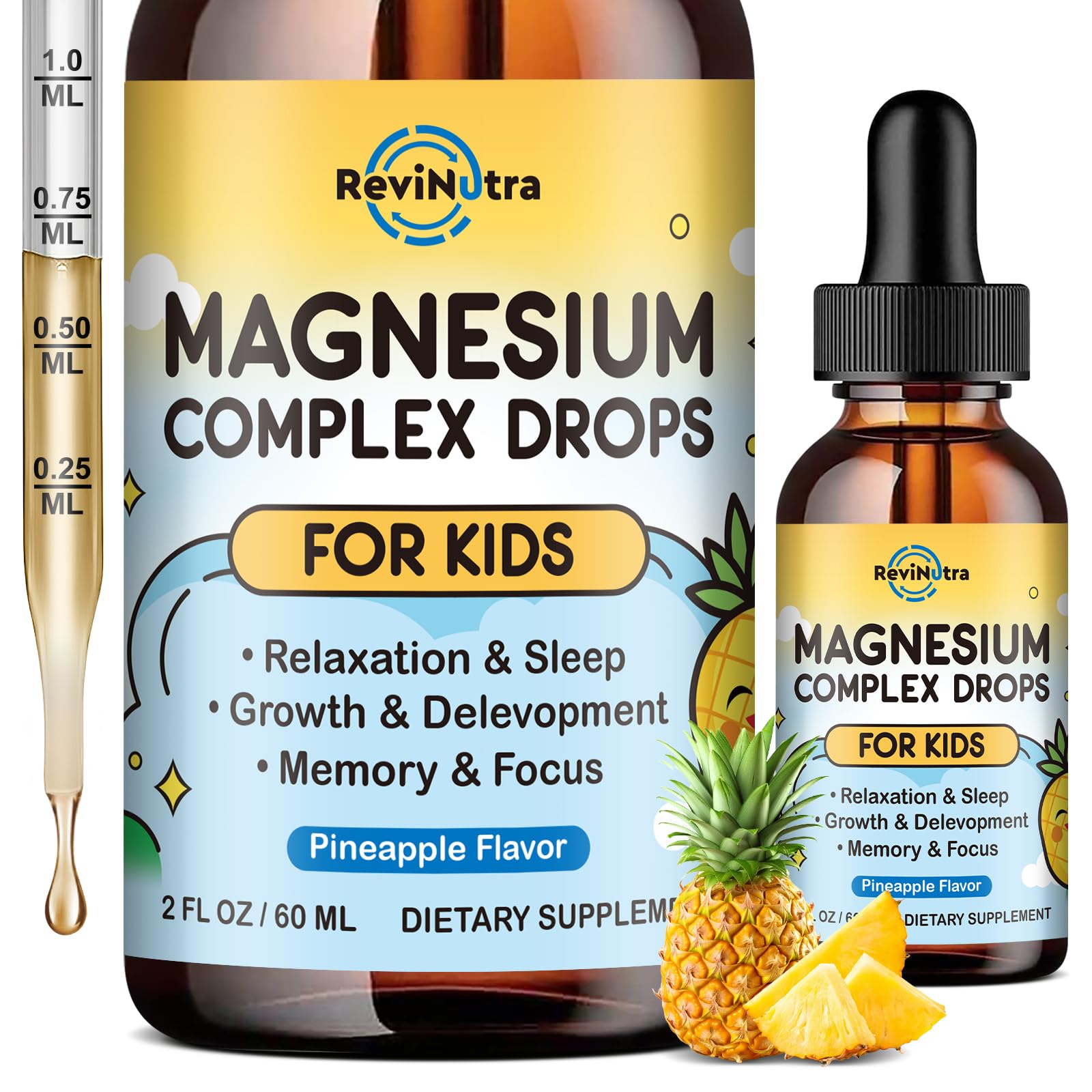 ReviNutra Kids Magnesium Liquid bottle shown for daily calm and sleep support