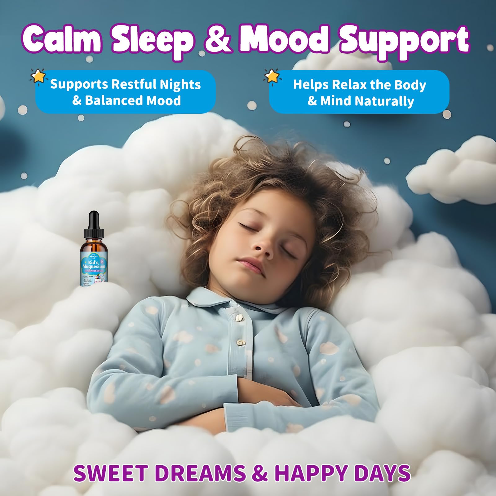 ReviNutra Kids Magnesium Liquid dropper illustrating easy nightly dosing.