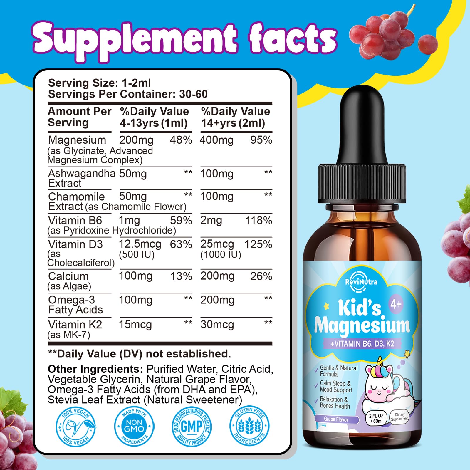 ReviNutra Kids Magnesium Liquid grape flavor appeals to kids at bedtime.