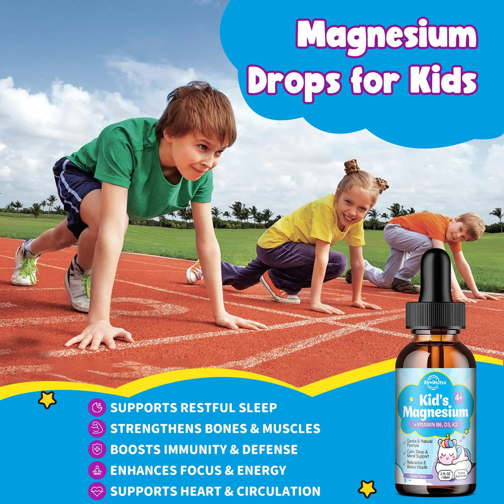 ReviNutra Kids Magnesium Liquid bottle with omega-3 and chamomile for relaxation.