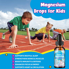 ReviNutra Kids Magnesium Liquid bottle with omega-3 and chamomile for relaxation.