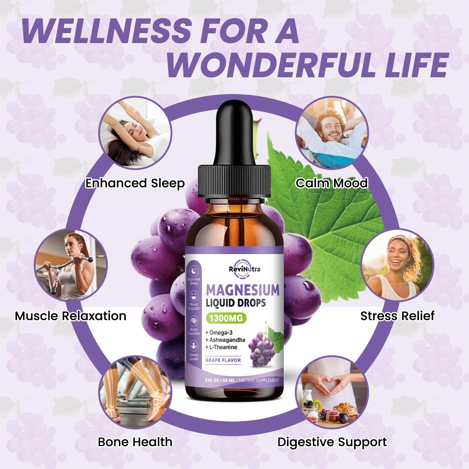 ReviNutra magnesium drops bottle with pour visual for easy dosing.