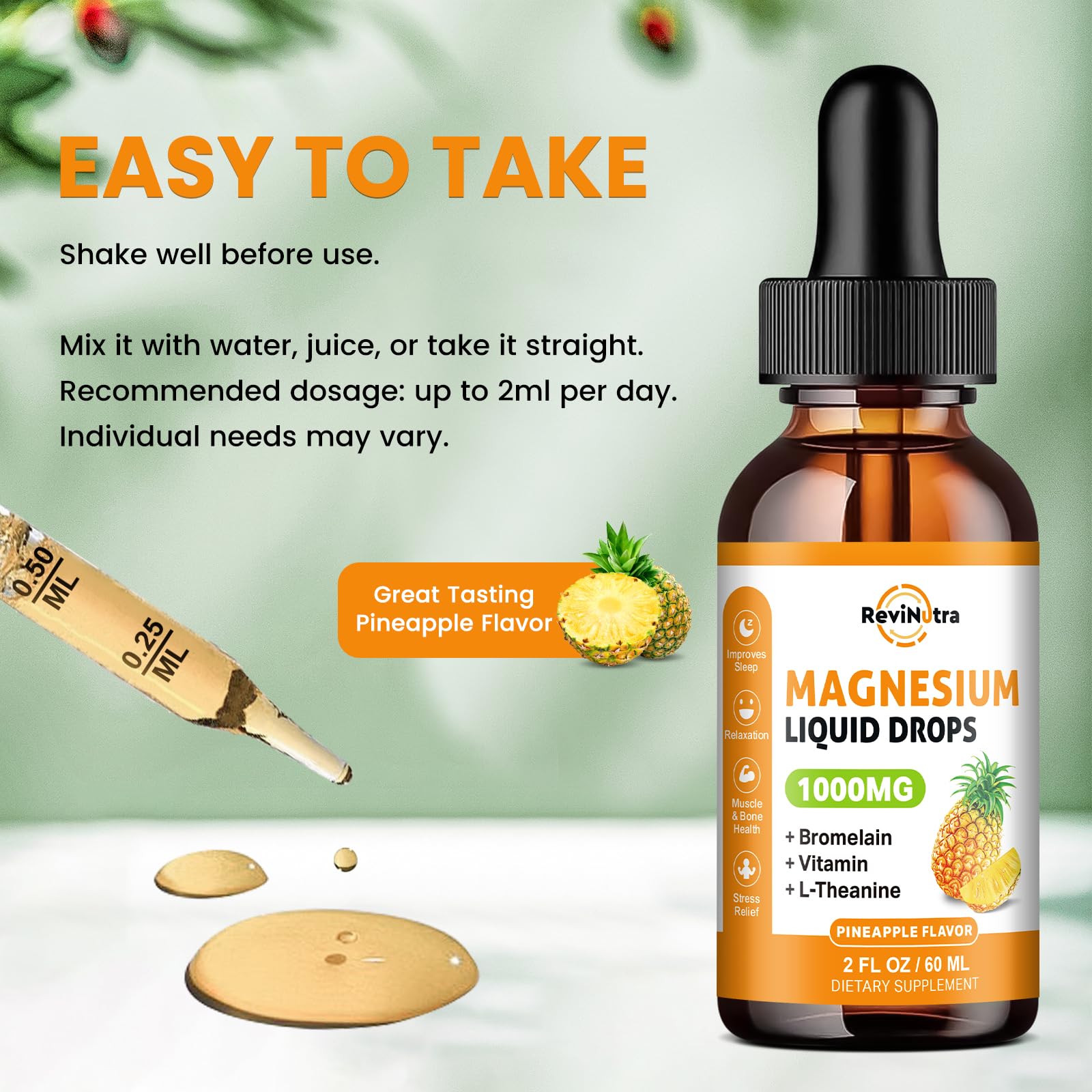 ReviNutra drops, kid-friendly pineapple magnesium option.