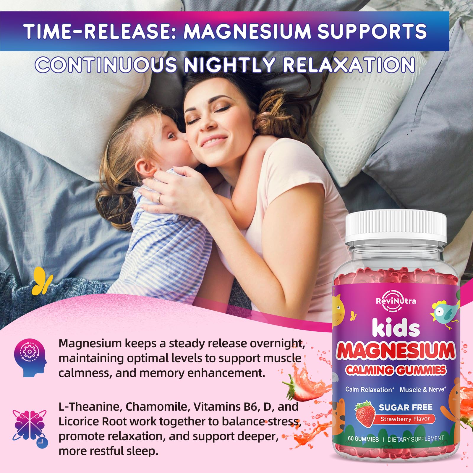 ReviNutra Gummies sugar-free strawberry flavor, gentle on teeth.